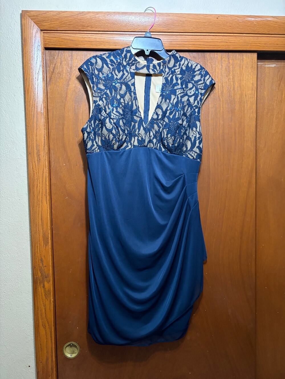 Juno Dress Collection XL Navy Blue Lace Sequin Draped Cocktail Evening Dress